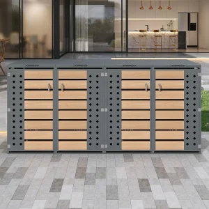Afdak voor 4 tuinafvalbakken – 2 x 132 x 80 x 118,5 cm – met scharnierend deksel + afsluitbaar + 2 deuren – metaal – grijs + naturel Afdak voor 4 tuinafvalbakken – 2 x 132 x 80 x 118,5 cm – met scharnierend deksel + afsluitbaar + 2 deuren – metaal – grijs + naturel