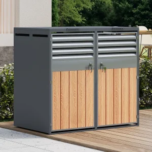 Afdak voor 2 tuinafvalbakken – 132 x 80 x 118,5 cm – met scharnierend deksel + afsluitbaar + 2 deuren – metaal – grijs + naturel Afdak voor 2 tuinafvalbakken – 132 x 80 x 118,5 cm – met scharnierend deksel + afsluitbaar + 2 deuren – metaal – grijs + naturel