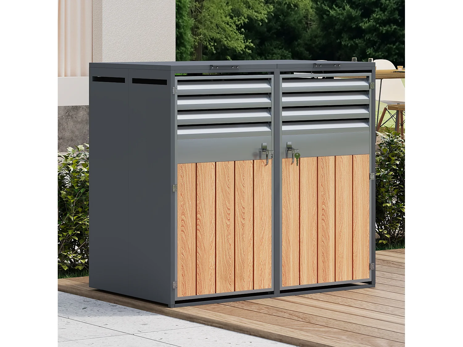 Afdak voor 2 tuinafvalbakken - 132 x 80 x 118,5 cm - met scharnierend deksel + afsluitbaar + 2 deuren - metaal - grijs + naturel