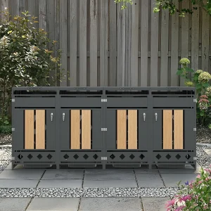 Afdak voor 4 tuinafvalbakken – 2 x 132 x 80 x 118,5 cm – met scharnierend deksel + afsluitbaar + 2 deuren – metaal – grijs + naturel Afdak voor 4 tuinafvalbakken – 2 x 132 x 80 x 118,5 cm – met scharnierend deksel + afsluitbaar + 2 deuren – metaal – grijs + naturel