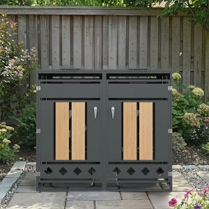 Afdak voor 2 tuinafvalbakken – 132 x 80 x 118,5 cm – met scharnierend deksel + afsluitbaar + 2 deuren – metaal – grijs + naturel Afdak voor 2 tuinafvalbakken – 132 x 80 x 118,5 cm – met scharnierend deksel + afsluitbaar + 2 deuren – metaal – grijs + naturel
