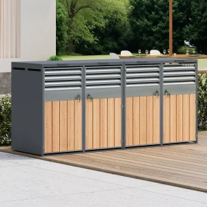 Afdak voor 4 tuinafvalbakken – 2 x 132 x 80 x 118,5 cm – met scharnierend deksel + afsluitbaar + 2 deuren – metaal – grijs + naturel Afdak voor 4 tuinafvalbakken – 2 x 132 x 80 x 118,5 cm – met scharnierend deksel + afsluitbaar + 2 deuren – metaal – grijs + naturel