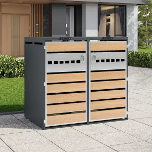 Afdak voor 2 tuinafvalbakken – 132 x 80 x 118,5 cm – met scharnierend deksel + afsluitbaar + 2 deuren – metaal – grijs + naturel Afdak voor 2 tuinafvalbakken – 132 x 80 x 118,5 cm – met scharnierend deksel + afsluitbaar + 2 deuren – metaal – grijs + naturel