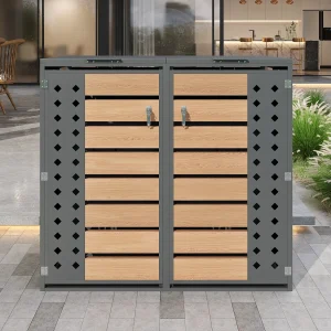 Afdak voor 2 tuinafvalbakken – 132 x 80 x 118,5 cm – met scharnierend deksel + afsluitbaar + 2 deuren – metaal – grijs + naturel Afdak voor 2 tuinafvalbakken – 132 x 80 x 118,5 cm – met scharnierend deksel + afsluitbaar + 2 deuren – metaal – grijs + naturel