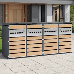Afdak voor 4 tuinafvalbakken – 2 x 132 x 80 x 118,5 cm – met scharnierend deksel + afsluitbaar + 2 deuren – metaal – grijs + naturel Afdak voor 4 tuinafvalbakken – 2 x 132 x 80 x 118,5 cm – met scharnierend deksel + afsluitbaar + 2 deuren – metaal – grijs + naturel