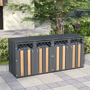 Afdak voor 4 tuinafvalbakken – 2 x 132 x 80 x 118,5 cm – met scharnierend deksel + afsluitbaar + 2 deuren – metaal – grijs + naturel Afdak voor 4 tuinafvalbakken – 2 x 132 x 80 x 118,5 cm – met scharnierend deksel + afsluitbaar + 2 deuren – metaal – grijs + naturel