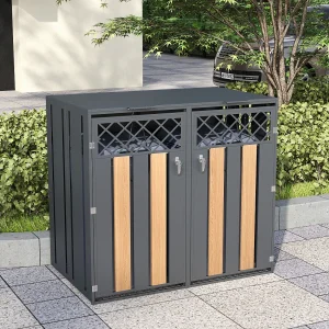 Afdak voor 2 tuinafvalbakken – 132 x 80 x 118,5 cm – met scharnierend deksel + afsluitbaar + 2 deuren – metaal – grijs + naturel Afdak voor 2 tuinafvalbakken – 132 x 80 x 118,5 cm – met scharnierend deksel + afsluitbaar + 2 deuren – metaal – grijs + naturel