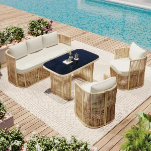 5-delige tuinset van PE-rotan – met 3-zitsbank + 2 fauteuils + glazen tafel + kussens – metaal – beige 5-delige tuinset van PE-rotan – met 3-zitsbank + 2 fauteuils + glazen tafel + kussens – metaal – beige