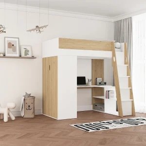 Mezzaninbed 90 x 190 cm met kast en bureau in naturel en wit + matras – ARMONESA Mezzaninbed 90 x 190 cm met kast en bureau in naturel en wit + matras – ARMONESA