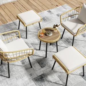 5-Delig Tuinset in Synthetisch Riet met Kussens – Lage Tafel en Stoelen – Weerbestendig voor Terras en Tuin