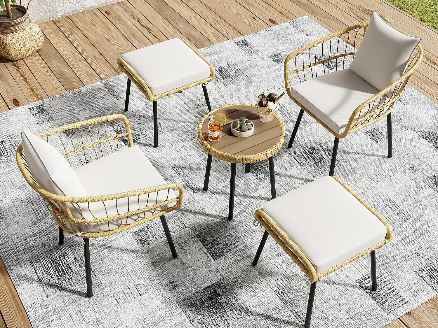 5-Delig Tuinset in Synthetisch Riet met Kussens – Lage Tafel en Stoelen – Weerbestendig voor Terras en Tuin