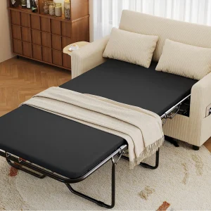 Bank 2-zits – met USB-poort – met opklapbaar bijzettafeltje – met 2 kussens – ribfluweel – beige Bank 2-zits – met USB-poort – met opklapbaar bijzettafeltje – met 2 kussens – ribfluweel – beige