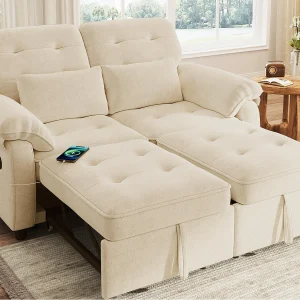 Bank 3 in 1 – 2 zitplaatsen – Opvouwbare bank – Verstelbare rugleuning – USB oplaadpoort – Inclusief 2 kussens – Chenille – beige