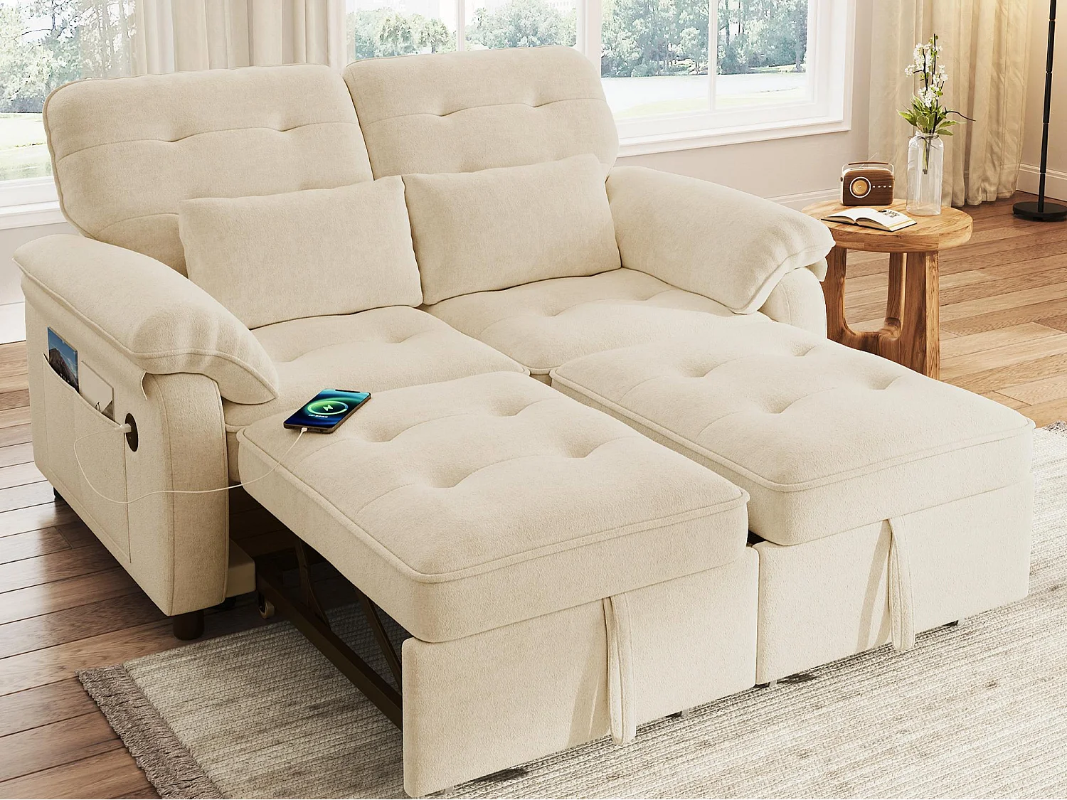 Bank 3 in 1 - 2 zitplaatsen - Opvouwbare bank - Verstelbare rugleuning - USB oplaadpoort - Inclusief 2 kussens - Chenille - beige