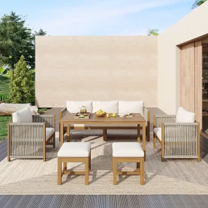 6-delige tuinset – met 3-zitsbank + 2 fauteuils + 2 krukjes + 1 tafel – acacia – beige 6-delige tuinset – met 3-zitsbank + 2 fauteuils + 2 krukjes + 1 tafel – acacia – beige