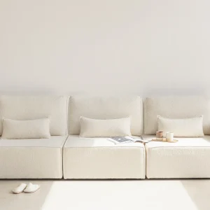 3-zitsbank met chaise longue, bekleed met bouclé en grenenhout in Sneeuwwit 3-zitsbank met chaise longue, bekleed met bouclé en grenenhout in Sneeuwwit