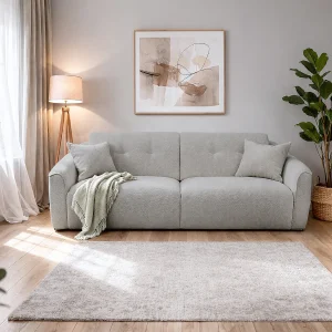 Driezitsslaapbank met snelle uitklapmechanisme in beige getextureerde stof – Matras 13 cm ASUFA