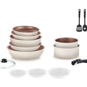 Arthur Martin 18-delige kookset crème anti-aanbak, afneembare handgreep, geschikt voor inductie en oven Arthur Martin 18-delige kookset crème anti-aanbak, afneembare handgreep, geschikt voor inductie en oven