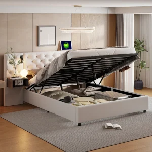 140*200 cm + met pneumatische hendel + bedlamp + met paar nachtkastjes, beige, fluweel