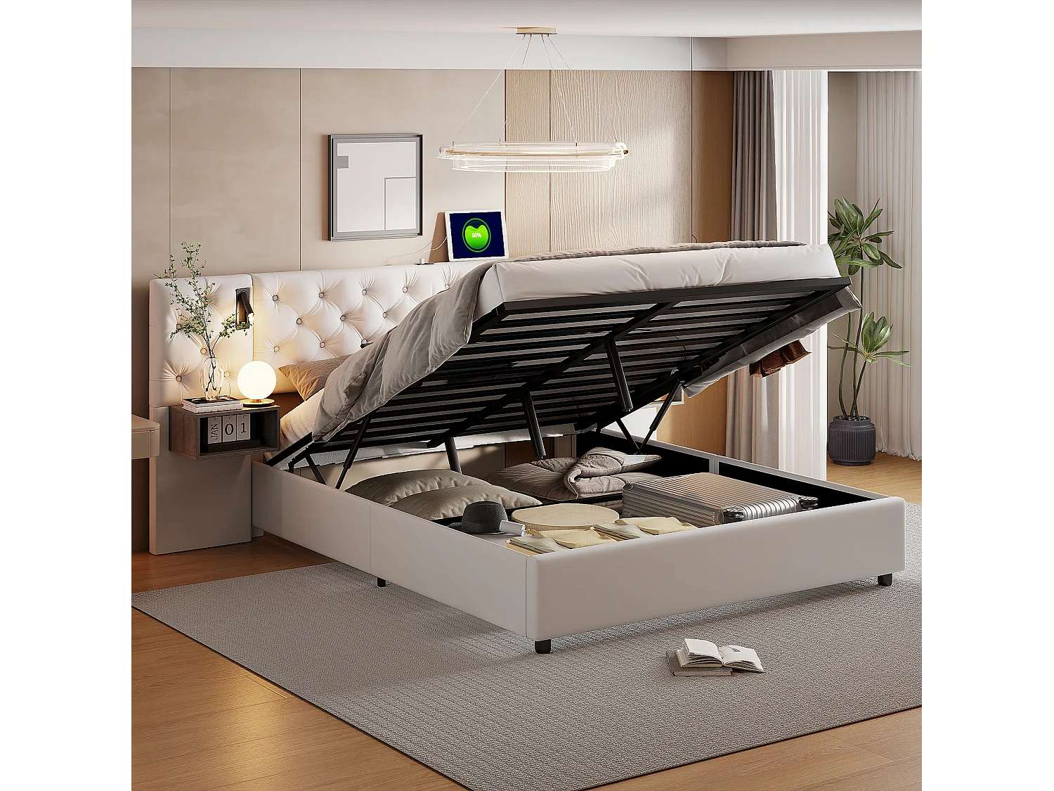 140*200 cm + met pneumatische hendel + bedlamp + met paar nachtkastjes, beige, fluweel