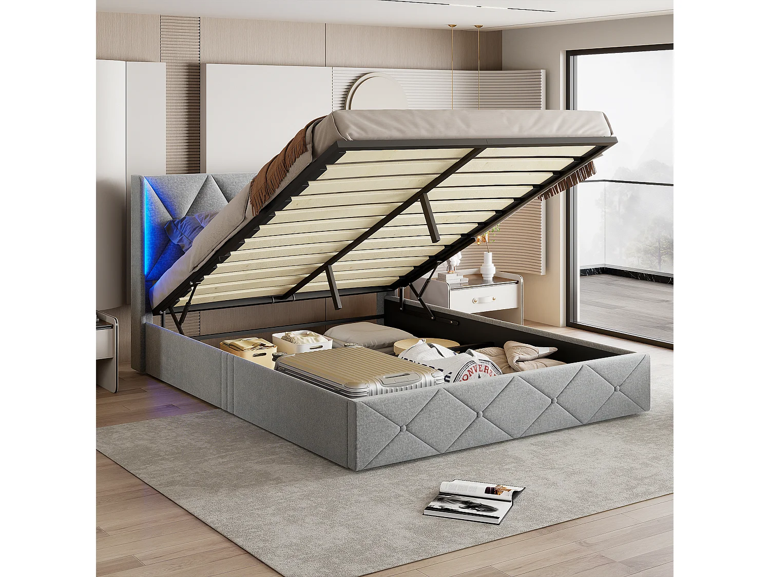 140*200cm met bedlampje, met opbergruimte via pneumatische stang IJsgrijs, fluweel