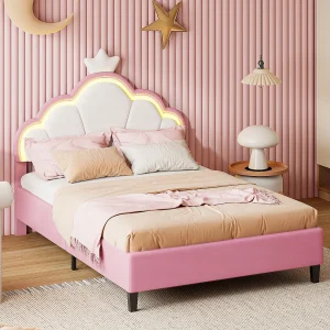 Prinsessenbed voor kinderen, 140 x 200 cm, kroonbed met ledstrip, roze en wit flanel