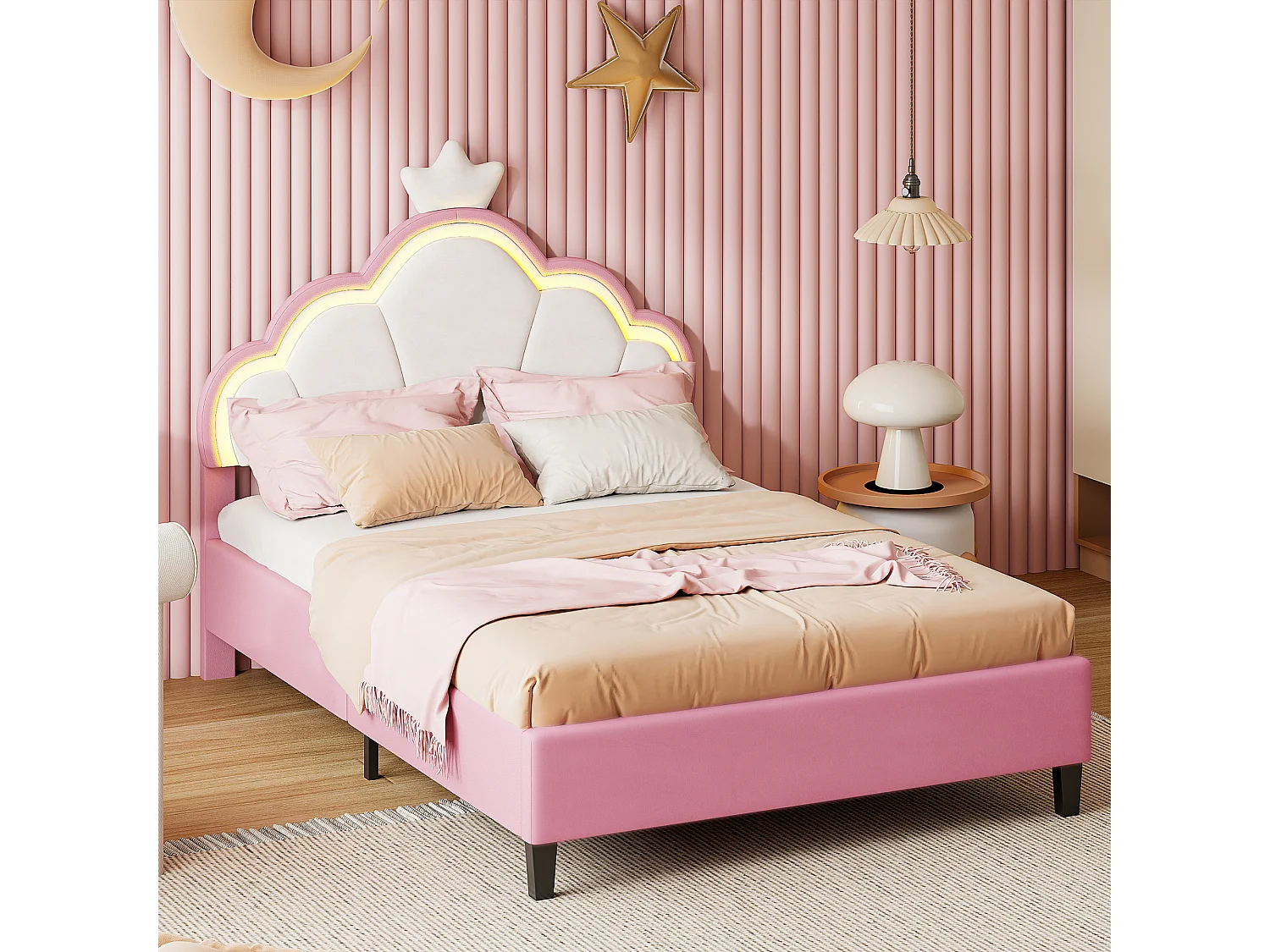 Prinsessenbed voor kinderen, 140 x 200 cm, kroonbed met ledstrip, roze en wit flanel