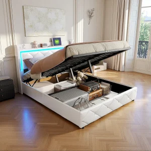140*200cm Tweepersoonsbed + oplaadfunctie + luchtdrukbalk + LED-lampje, wit, PU
