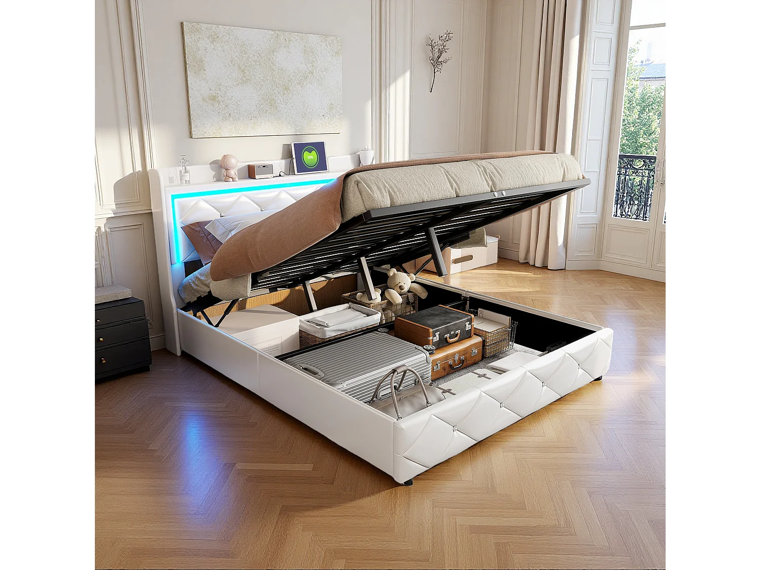 140*200cm Tweepersoonsbed + oplaadfunctie + luchtdrukbalk + LED-lampje, wit, PU