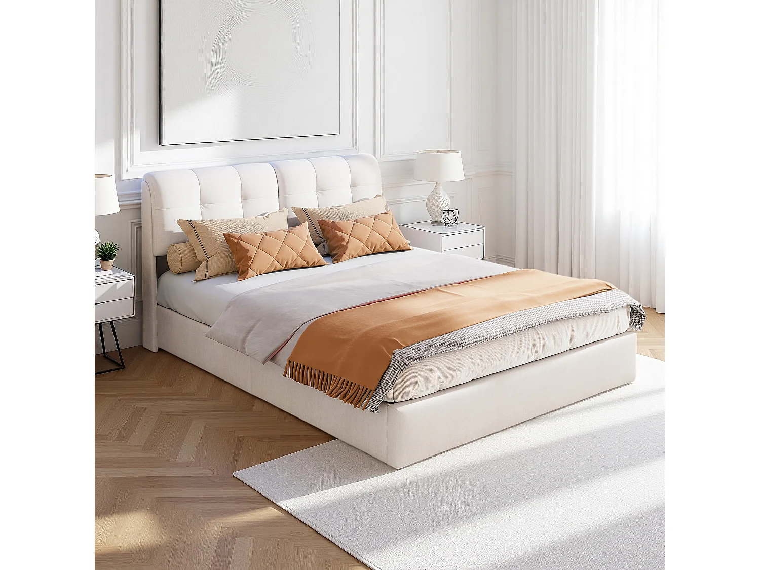 140*200cm, + 7-kleurige sfeerlichtstrip (Eurostekker) + pneumatische hendel, beige, fluweel