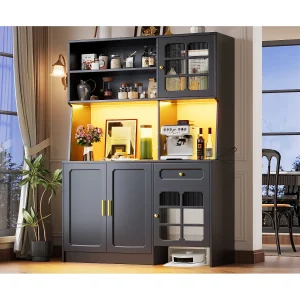 2-deurs keuken dressoir, 2 glazen deuren, LED-verlichting en lade, gouden handgrepen, zwart MDF 2-deurs keuken dressoir, 2 glazen deuren, LED-verlichting en lade, gouden handgrepen, zwart MDF