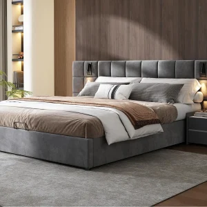 Fluwelen opbergbed – 180x200cm – met LED en oplaadpoort – Grijs (nachtkastje niet inbegrepen) Fluwelen opbergbed – 180x200cm – met LED en oplaadpoort – Grijs (nachtkastje niet inbegrepen)