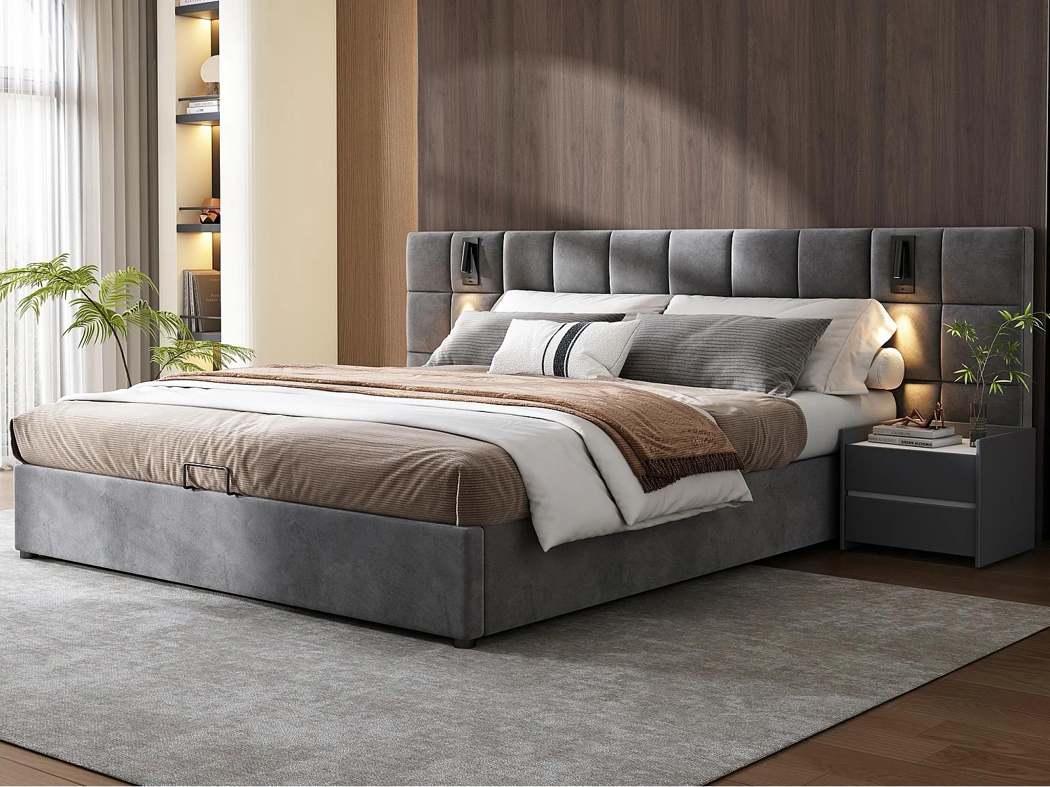 Fluwelen opbergbed – 180x200cm – met LED en oplaadpoort – Grijs (nachtkastje niet inbegrepen)