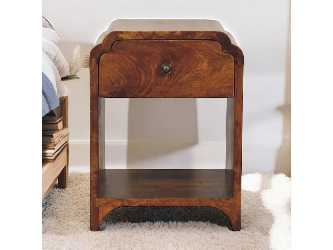 Artisan Furniture Massief Hout Newton Mini Kastanje Nachtkastje, 1 Lade en Open Plank, Donkerbruin