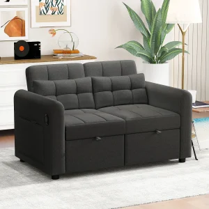 Slaapbank 142x85x83 cm, 3-in-1, verstelbare rugleuning, USB-poorten, armleuningzakken, katoen-linnen stof, grijs Slaapbank 142x85x83 cm, 3-in-1, verstelbare rugleuning, USB-poorten, armleuningzakken, katoen-linnen stof, grijs
