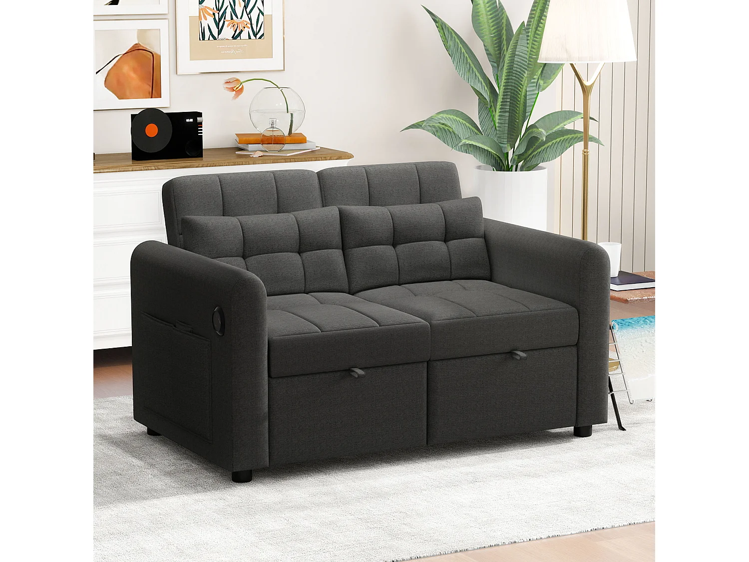 Slaapbank 142x85x83 cm, 3-in-1, verstelbare rugleuning, USB-poorten, armleuningzakken, katoen-linnen stof, grijs