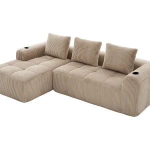 Modulaire compacte bank 253x158x61 cm, zijvakken en bekerhouders, hogedichtheidsschuim, corduroy, kaki Modulaire compacte bank 253x158x61 cm, zijvakken en bekerhouders, hogedichtheidsschuim, corduroy, kaki