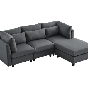 Hoekbank 220x83x81 cm met poef 74x74x45 cm, hoge rugleuning, kussens inbegrepen, linnen, grijs Hoekbank 220x83x81 cm met poef 74x74x45 cm, hoge rugleuning, kussens inbegrepen, linnen, grijs