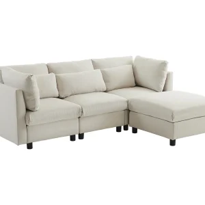 Hoekbank 220x83x81 cm, met verplaatsbare poef, hoge rugleuning, lendenkussens, linnen, beige Hoekbank 220x83x81 cm, met verplaatsbare poef, hoge rugleuning, lendenkussens, linnen, beige