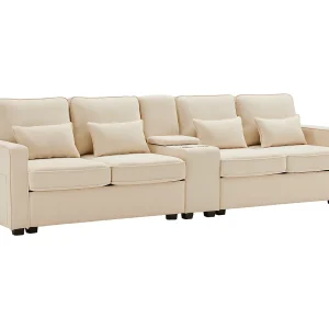 4-zits bank 290x83x88 cm, console met 2 bekerhouders en 2 USB-poorten, armleuningszakken, linnen stof, beige 4-zits bank 290x83x88 cm, console met 2 bekerhouders en 2 USB-poorten, armleuningszakken, linnen stof, beige