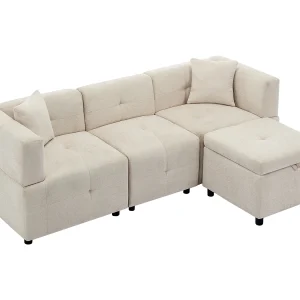 3-zits hoekbank 204x126x69 cm, modulaire poef met opbergruimte, 2 kussens, chenille, beige
