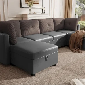 Bank 6-zits in U-vorm – met opbergruimte – veelzijdig om te zetten – fluweel + ribfluweel – grijs Bank 6-zits in U-vorm – met opbergruimte – veelzijdig om te zetten – fluweel + ribfluweel – grijs