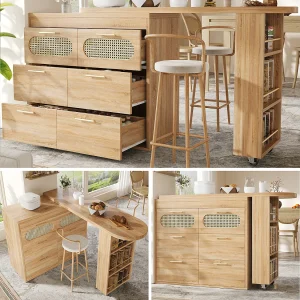 360° draaibare bartafel – 128/203 x 39 x 90 cm – met planken + 6 lades en deuren in rotan – MDF + metaal – naturel 360° draaibare bartafel – 128/203 x 39 x 90 cm – met planken + 6 lades en deuren in rotan – MDF + metaal – naturel
