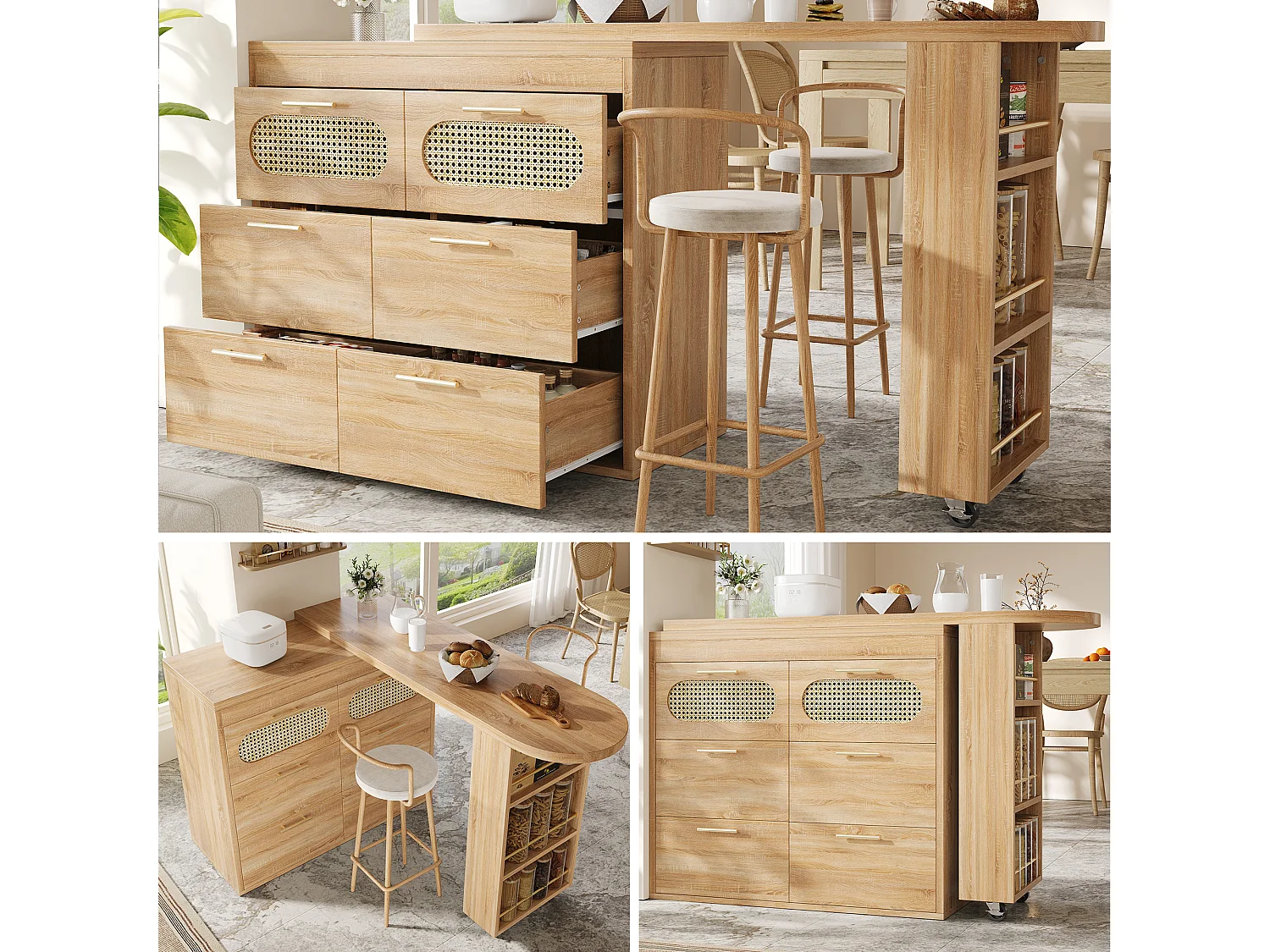 360° draaibare bartafel - 128/203 x 39 x 90 cm - met planken + 6 lades en deuren in rotan - MDF + metaal - naturel