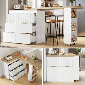 360° draaibare bartafel – 128/203 x 39 x 90 cm – met planken + 6 lades – MDF + metaal – wit 360° draaibare bartafel – 128/203 x 39 x 90 cm – met planken + 6 lades – MDF + metaal – wit