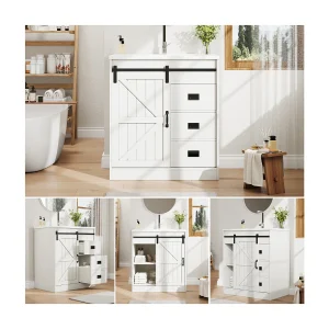 Badkamermeubel met keramische wastafel – 76 x 46,5 x 87,5 cm – met schuifdeuren en lades – MDF – wit Badkamermeubel met keramische wastafel – 76 x 46,5 x 87,5 cm – met schuifdeuren en lades – MDF – wit