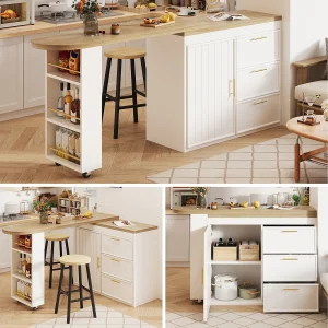 360° draaibare bartafel – 128/203 x 39 x 90 cm – met planken + 3 lades + deur – MDF + metaal – wit 360° draaibare bartafel – 128/203 x 39 x 90 cm – met planken + 3 lades + deur – MDF + metaal – wit