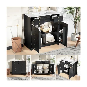Badkamermeubel met keramische wastafel – 91,5 x 47 x 86,5 cm – met lades + 2 deuren – MDF – zwart Badkamermeubel met keramische wastafel – 91,5 x 47 x 86,5 cm – met lades + 2 deuren – MDF – zwart
