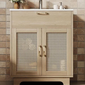 Badkamermeubel op poten 76x46x88 cm – Keramieken wastafel – 1 klap lade en 2 deuren – Rotan afwerking – Natuur Badkamermeubel op poten 76x46x88 cm – Keramieken wastafel – 1 klap lade en 2 deuren – Rotan afwerking – Natuur