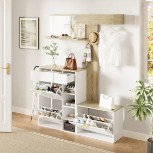 4-delige wandkast – met schoenenkast + bankje + wandspiegel + kapstok + lades – spaanplaat – wit 4-delige wandkast – met schoenenkast + bankje + wandspiegel + kapstok + lades – spaanplaat – wit